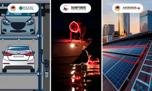 Tres imágenes que destacan aplicaciones innovadoras de tecnología: Fotgec®: Representación de un sistema de estacionamiento vertical, mostrando dos vehículos perfectamente acomodados, optimizando espacio y eficiencia. Sunfibre: Escena nocturna de un rescate en el agua, donde ambos participantes llevan chalecos salvavidas equipados con tecnología de fibra óptica Sunfibre en rojo, garantizando visibilidad y seguridad. AP Sensing: Instalación de paneles solares en un entorno urbano, con cableado de fibra óptica estratégicamente integrado para maximizar eficiencia y conectividad.