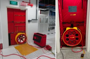 Dos imágenes que ilustran un sistema de ensayo de estanqueidad al aire (Blower Door) de alta potencia, equipado con el ventilador calibrado Modelo 6000. La puerta de la sala eléctrica está cubierta por una tela ajustada a un marco de aluminio de gran tamaño.